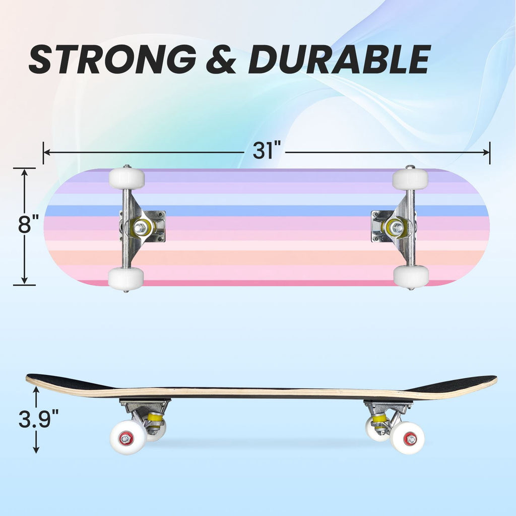 31"x8" Complete Skateboards for Beginners,Vibrant Diagonal Rainbow Gradient Abstract Art Double Kick 7 Ply Canadian Maple Deck Skateboard with Wheels, Gifts for Kids Teens