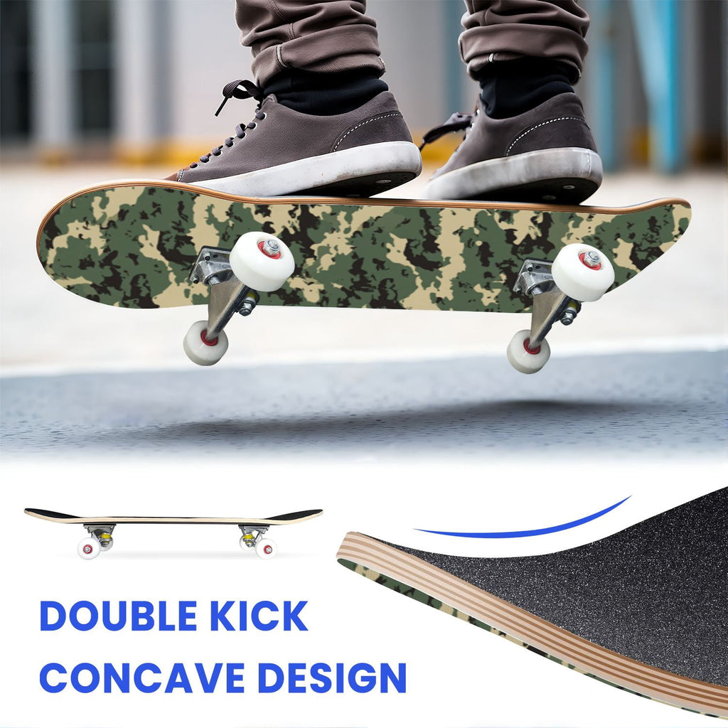 31"x8" Complete Skateboards for Beginners,Desert Camouflage Beige Tan Cream Organic Abstract Shapes Double Kick 7 Ply Canadian Maple Deck Skateboard with Wheels, Gifts for Kids Teens