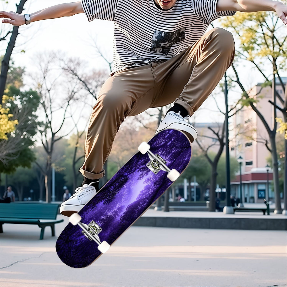 31"x8" Complete Skateboards for Beginners, Colorful Mushroom Floral Magical Night Forest Vintage Double Kick 7 Ply Canadian Maple Deck Skateboard with Wheels, Gifts for Kids Teens