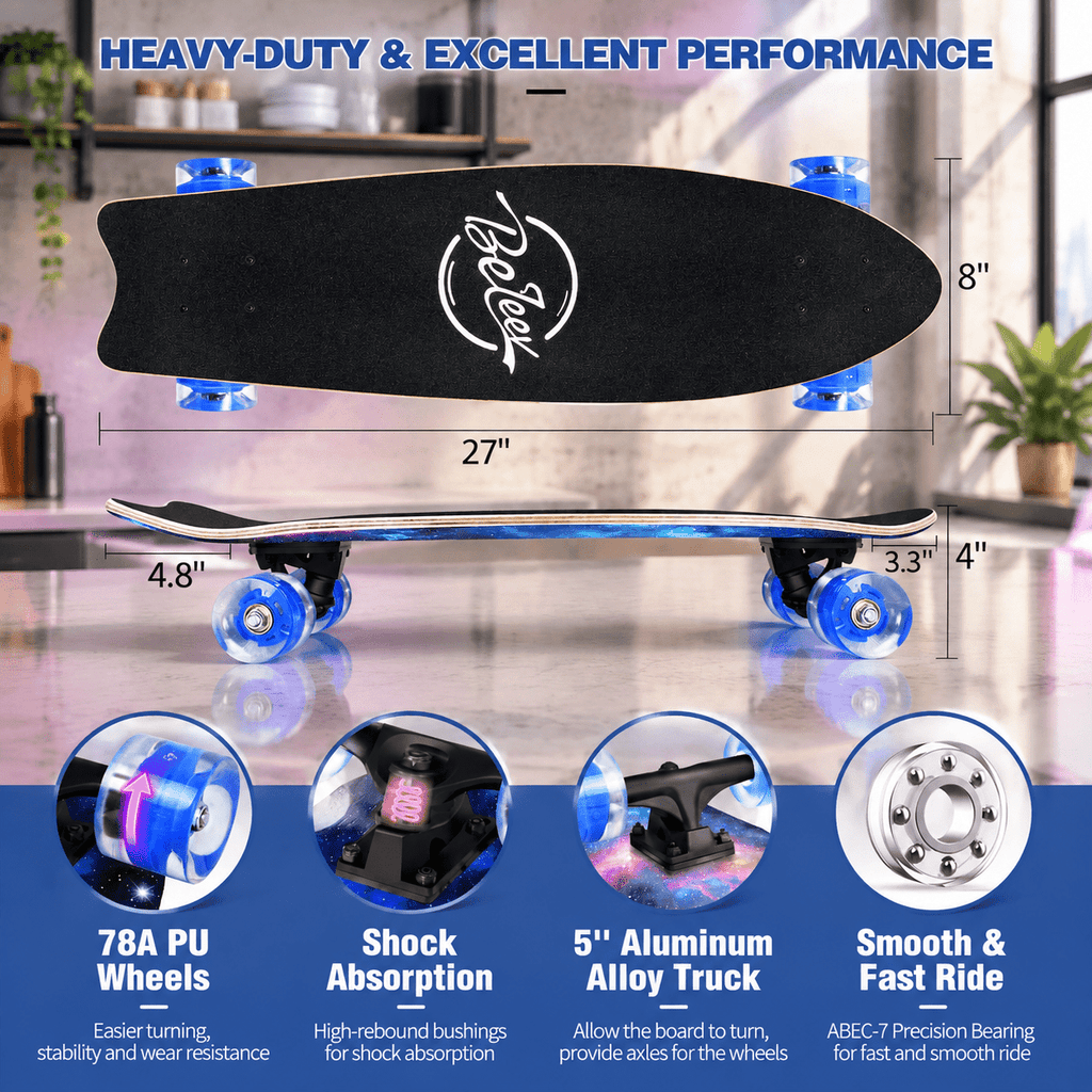 Rainbow 27 x 8 Inch Complete Cruiser Skateboard for Teens Adults Beginners