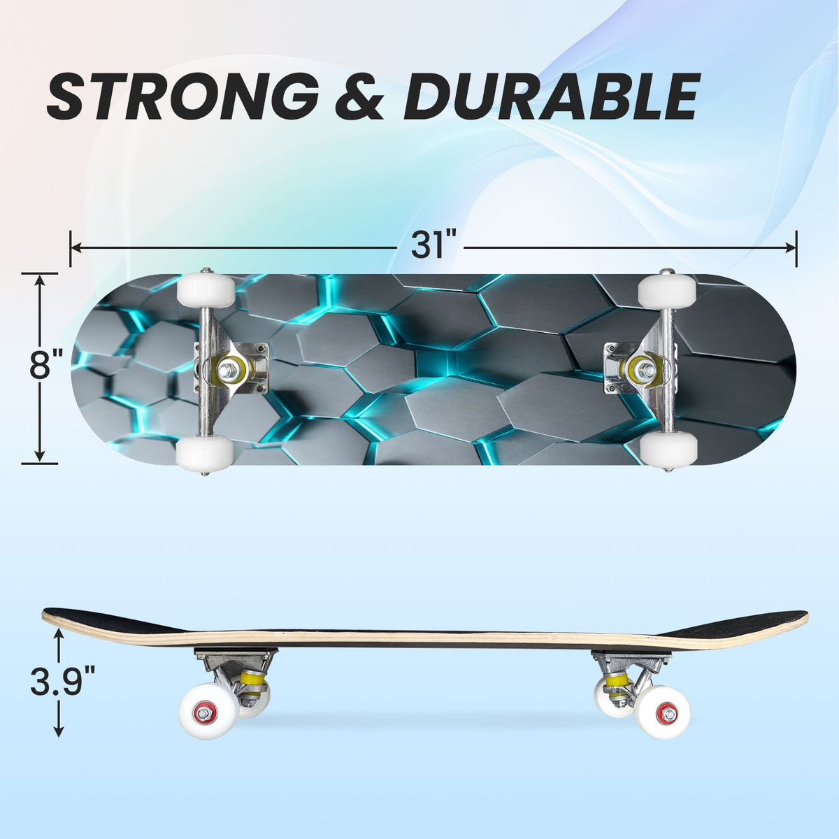 31"x8" Complete Skateboards for Beginners, Modern Abstract Hexagonal Blue Neon Glow Futuristic Double Kick 7 Ply Canadian Maple Deck Skateboard with Wheels, Gifts for Boys Teens