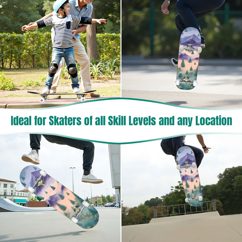 31"x8" Complete Skateboards for Beginners,Cartoon Hand Drawn Ice Cream Doodles Seamless Cones Cupcakes Double Kick 7 Ply Canadian Maple Deck Skateboard with Wheels, Gifts for Kids Teens