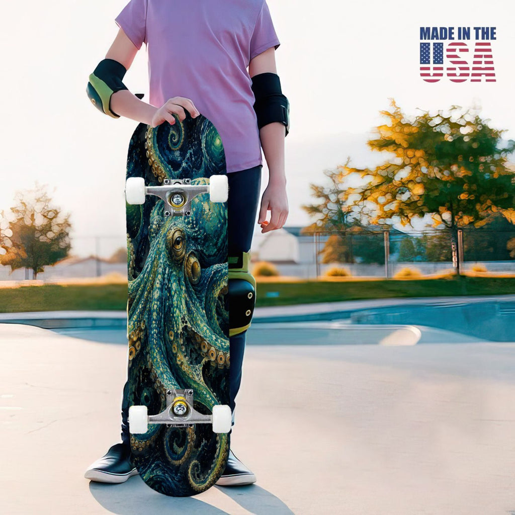31"x8" Complete Skateboards for Beginners, Colorful Cosmic Octopus Tentacles Starry Marine Life Double Kick 7 Ply Canadian Maple Deck Skateboard with Wheels, Gifts for Kids Teens