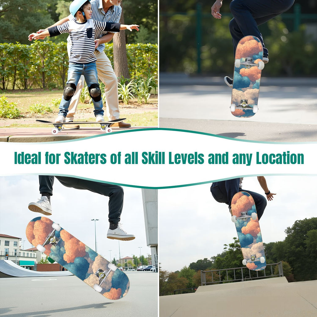 31"x8" Complete Skateboards for Beginners, Pastel Clouds Sparkles Dreamy Gradient Sky Summer Decor Double Kick 7 Ply Canadian Maple Deck Skateboard with Wheels, Gifts for Kids Teens