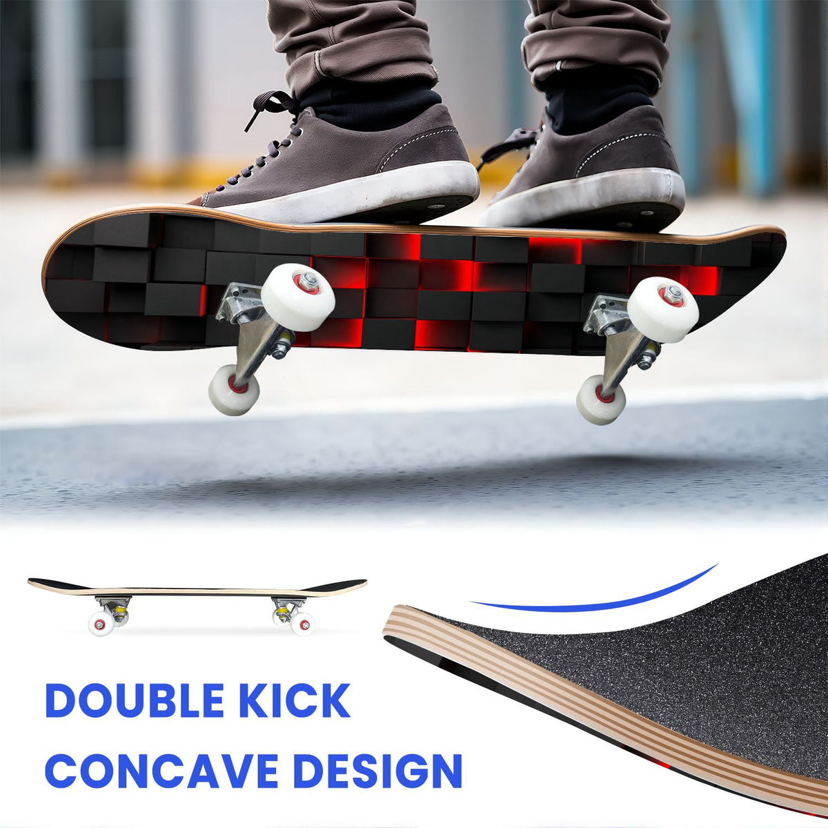 31"x8" Complete Skateboards for Beginners,Geometric Hexagon Glowing Neon Blue Purple Double Kick 7 Ply Canadian Maple Deck Skateboard with Wheels, Gifts for Kids Teens