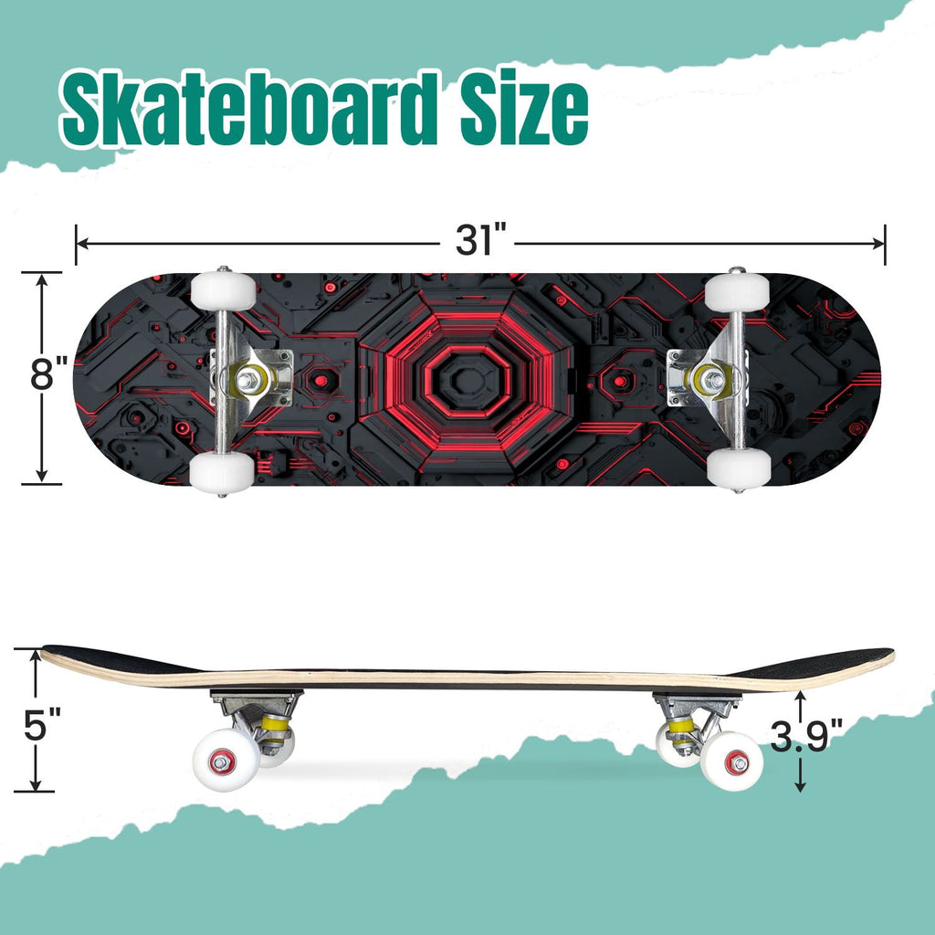 Futuristic Blue Abstract Technology Glowing Core 31" x 8" Complete Skateboard, 7-Ply Canadian Maple Double Kick Trick Board for Kids and Beginners Adult Gifts