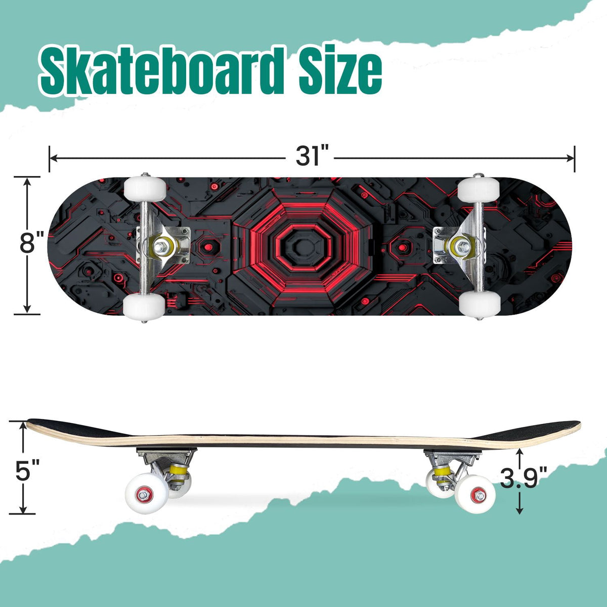 Futuristic Blue Abstract Technology Glowing Core 31" x 8" Complete Skateboard, 7-Ply Canadian Maple Double Kick Trick Board for Kids and Beginners Adult Gifts