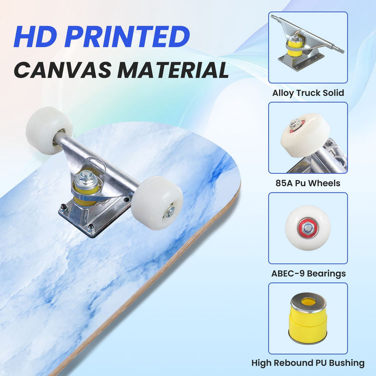 31"x8" Complete Skateboards for Beginners,Elegant White Blue Flowers Soft Petals Dreamy Artistic Double Kick 7 Ply Canadian Maple Deck Skateboard with Wheels, Gifts for Kids Teens