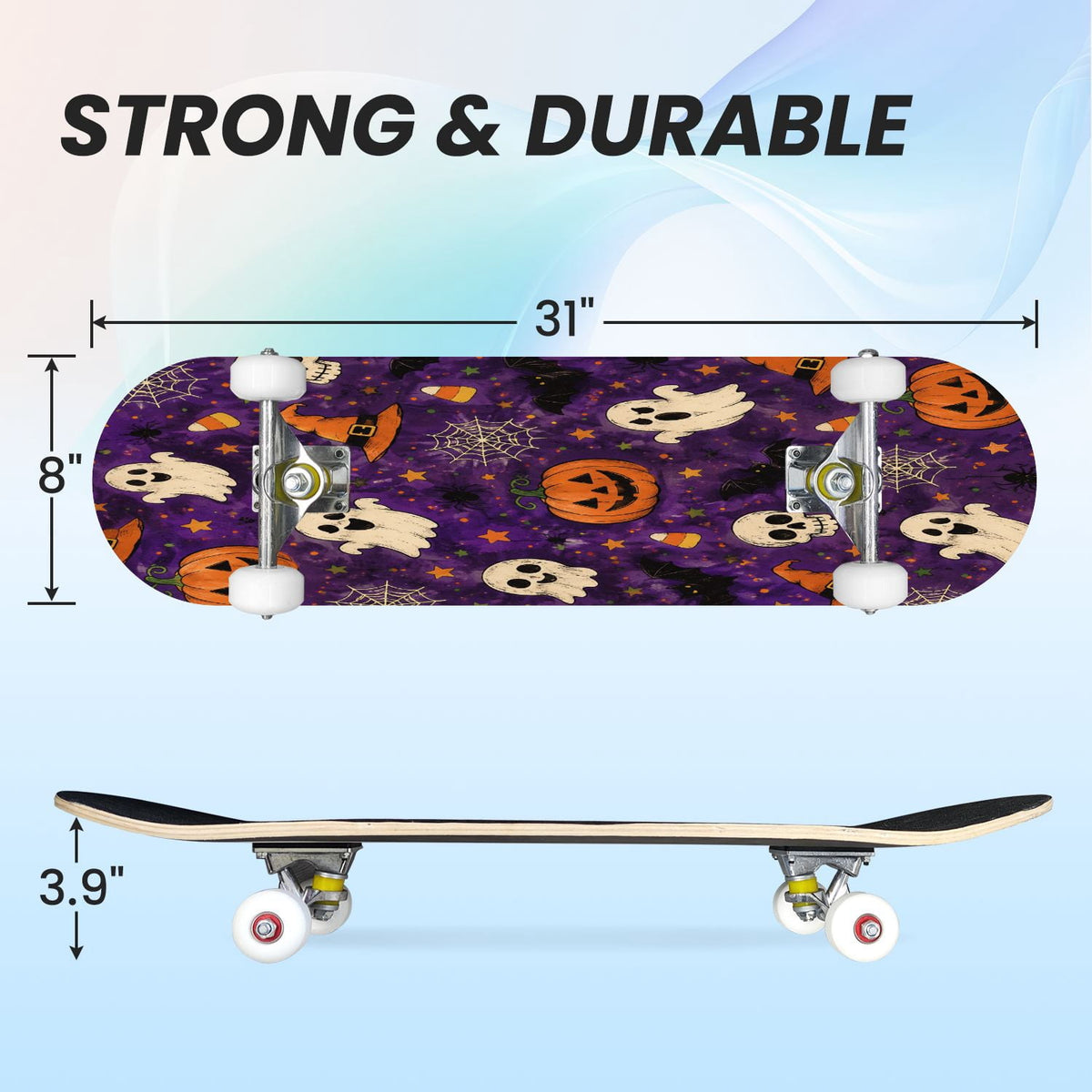 31"x8" Complete Skateboards for Beginners,Halloween Black Cats Pumpkins Ghosts Bats Beige Double Kick 7 Ply Canadian Maple Deck Skateboard with Wheels, Gifts for Kids Teens