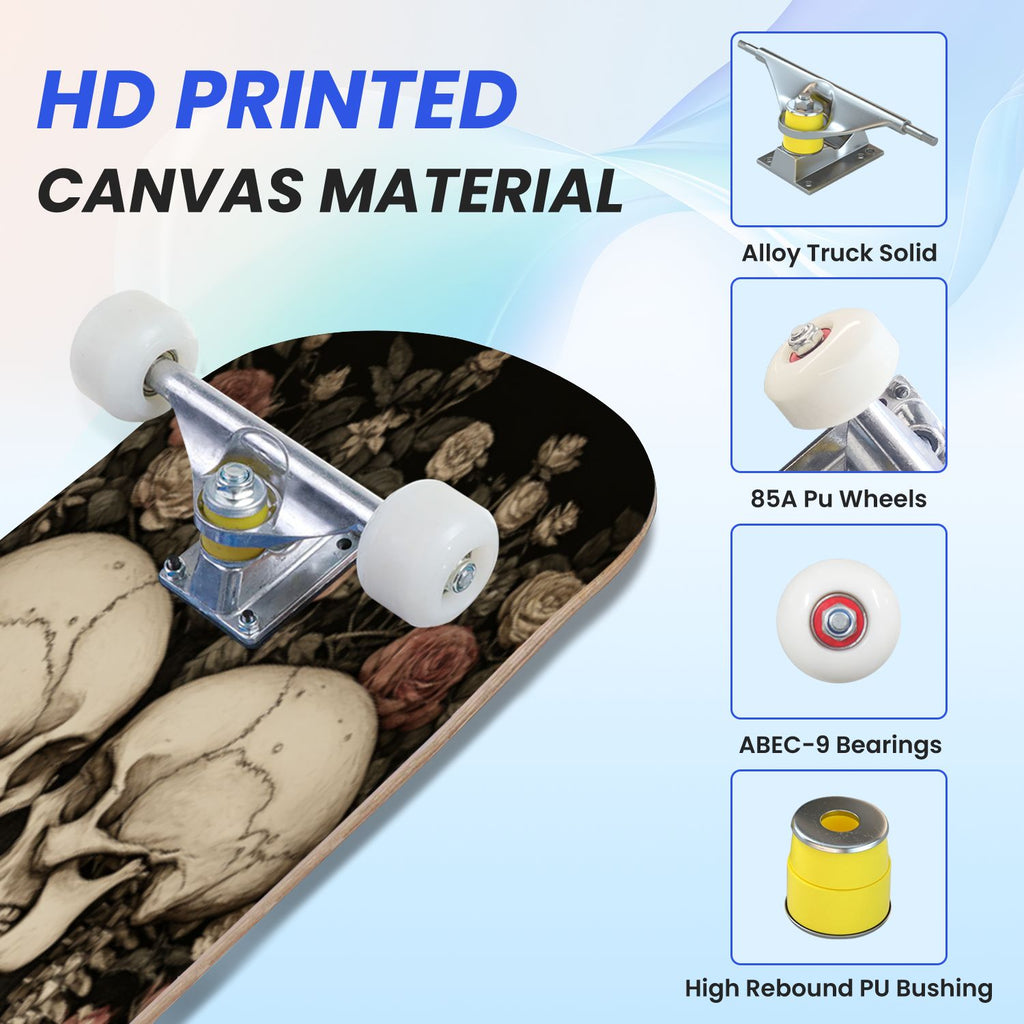 31"x8" Complete Skateboards for Beginners, Romantic Skeletons Blooming Roses Dark Academia Double Kick 7 Ply Canadian Maple Deck Skateboard with Wheels, Gifts for Kids Teens