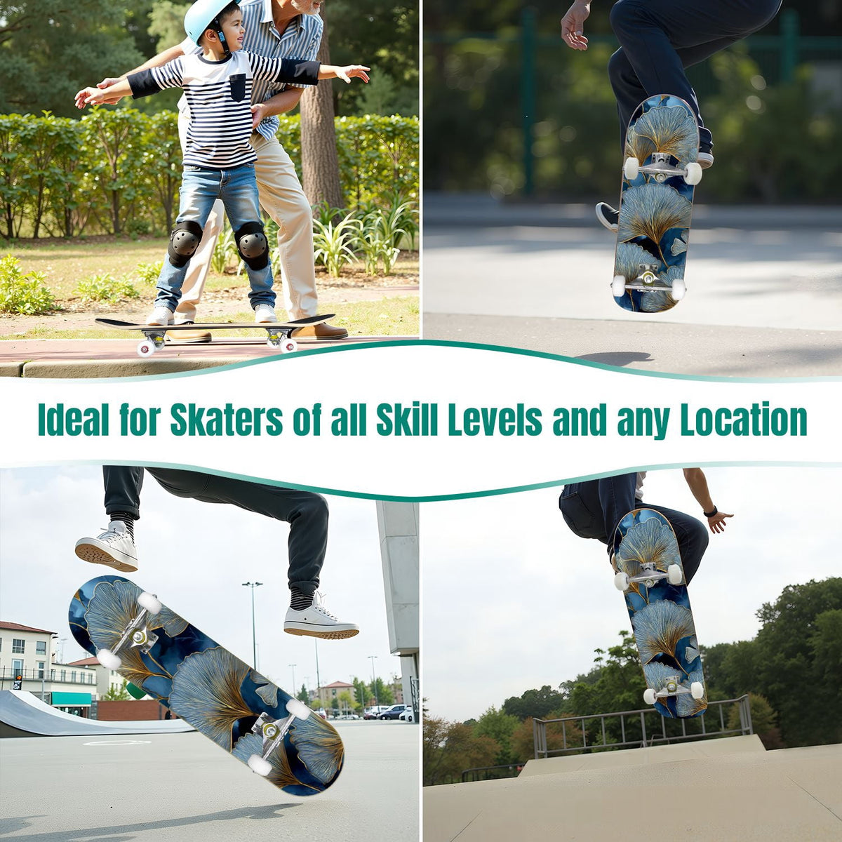 Elegant Cream Peach Peony Floral Green 31" x 8" Complete Skateboard, 7-Ply Canadian Maple Double Kick Trick Board for Kids and Beginners Adult Gifts