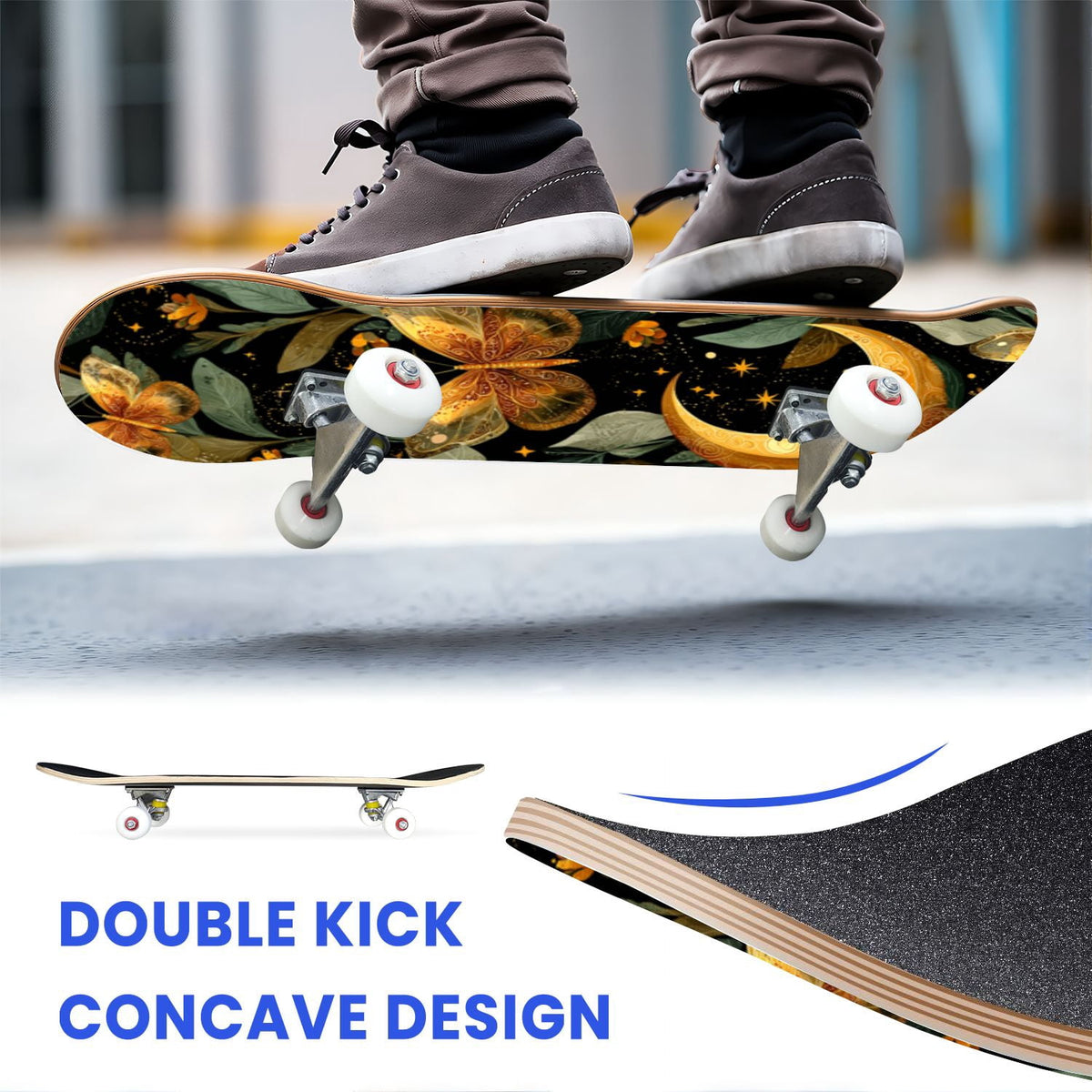 31"x8" Complete Skateboards for Beginners,Whimsical Moths Flowers Pastel Colors Stars Moon Mystical Double Kick 7 Ply Canadian Maple Deck Skateboard with Wheels, Gifts for Kids Teens