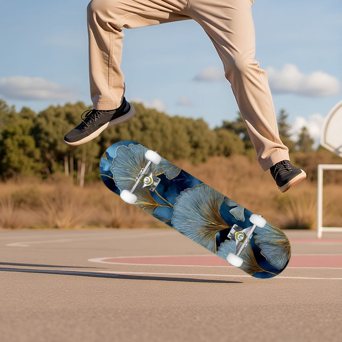Elegant Cream Peach Peony Floral Green 31" x 8" Complete Skateboard, 7-Ply Canadian Maple Double Kick Trick Board for Kids and Beginners Adult Gifts