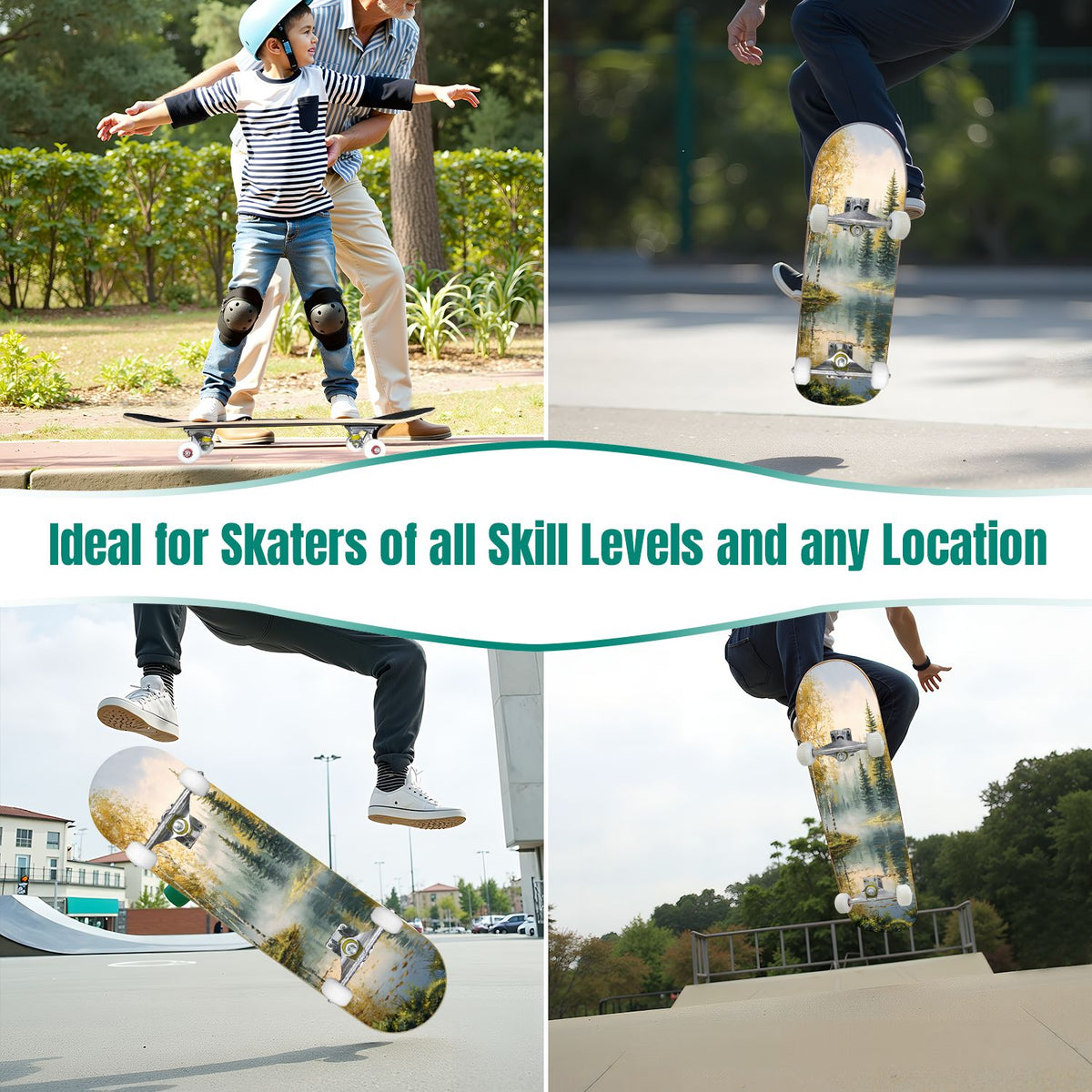 31"x8" Complete Skateboards for Beginners, Birch Trees Abstract Forest Branches Landscape Colorful Double Kick 7 Ply Canadian Maple Deck Skateboard with Wheels, Gifts for Kids Teens