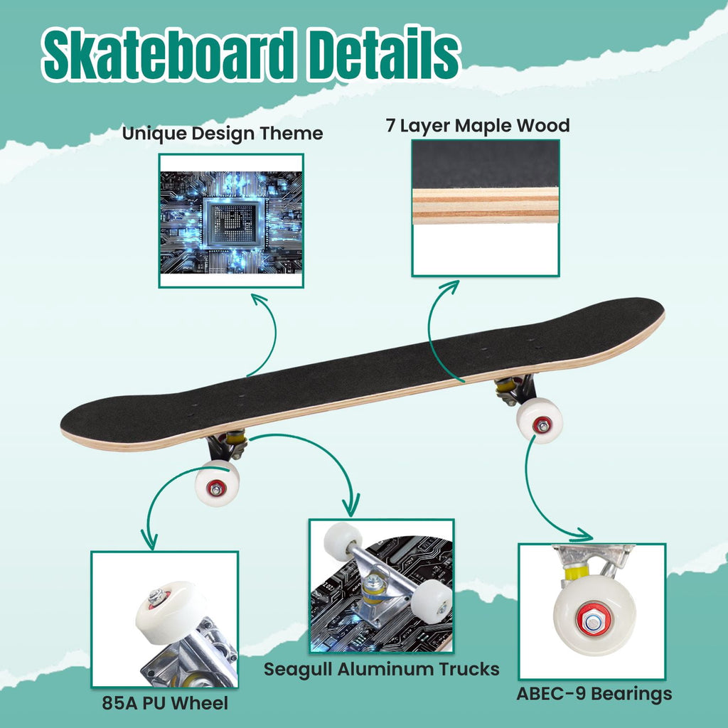 Futuristic Blue Abstract Technology Glowing Core 31" x 8" Complete Skateboard, 7-Ply Canadian Maple Double Kick Trick Board for Kids and Beginners Adult Gifts