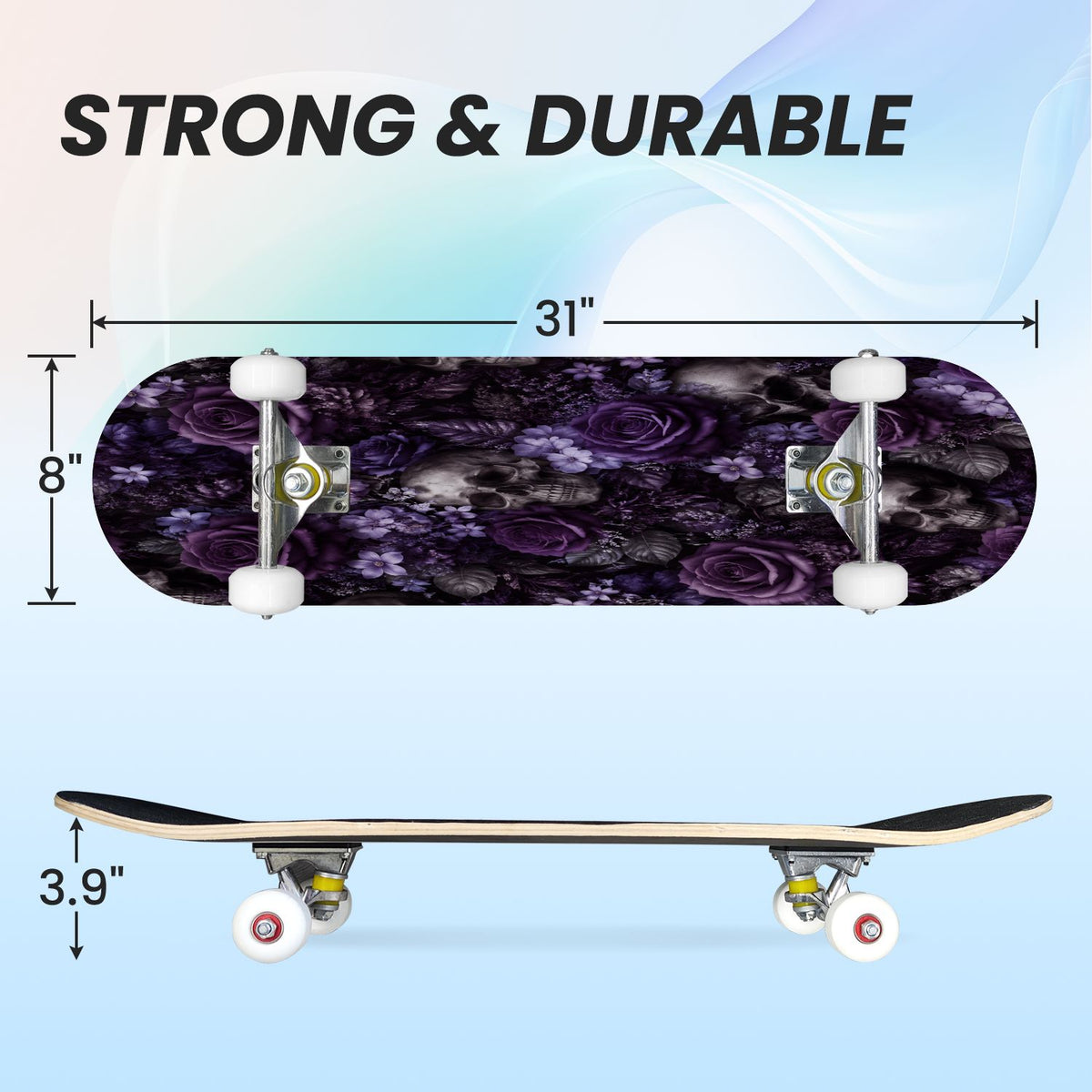 31"x8" Complete Skateboards for Beginners, Vibrant Purple Teal Floral Artwork Golden Accents Vintage Double Kick 7 Ply Canadian Maple Deck Skateboard with Wheels, Gifts for Kids Teens