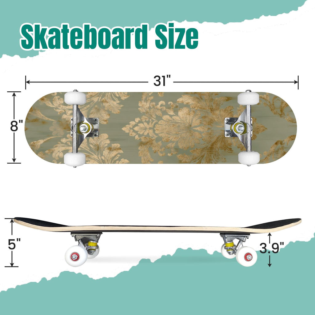 Vibrant Floral Bouquet Pink Roses Bright Colors Teal 31" x 8" Complete Skateboard, 7-Ply Canadian Maple Double Kick Trick Board for Kids and Beginners Adult Gifts