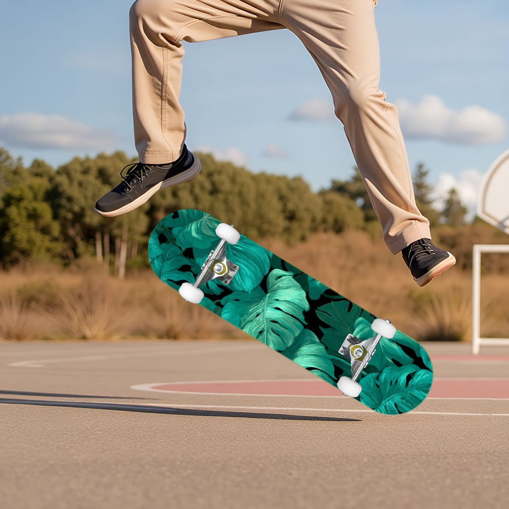Tropical Jungle Leaf Teal Green Botanical 31" x 8" Complete Skateboard, 7-Ply Canadian Maple Double Kick Trick Board for Kids and Beginners Adult Gifts