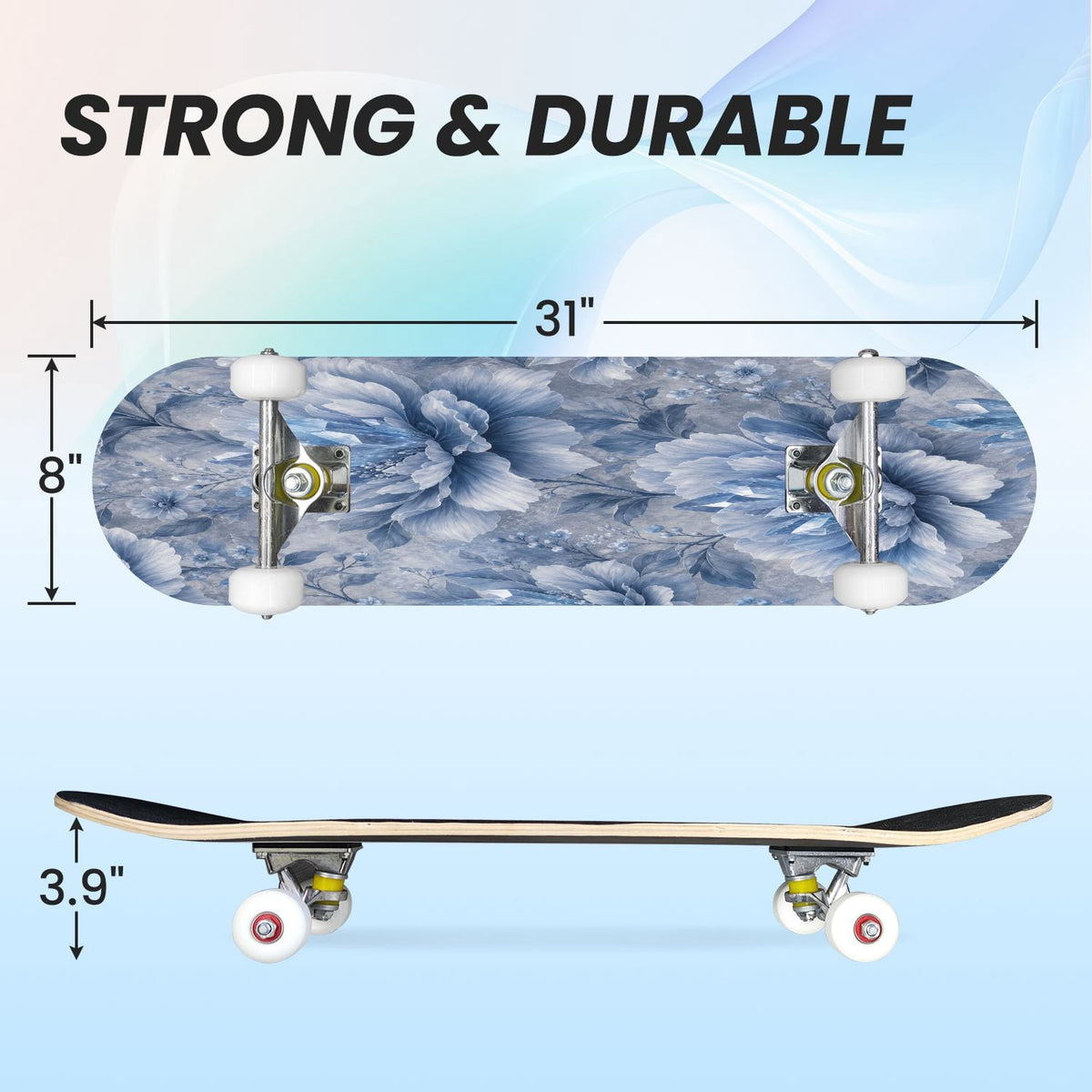 31"x8" Complete Skateboards for Beginners,Blue White Toile Rabbits Birds Floral Motifs Double Kick 7 Ply Canadian Maple Deck Skateboard with Wheels, Gifts for Kids Teens