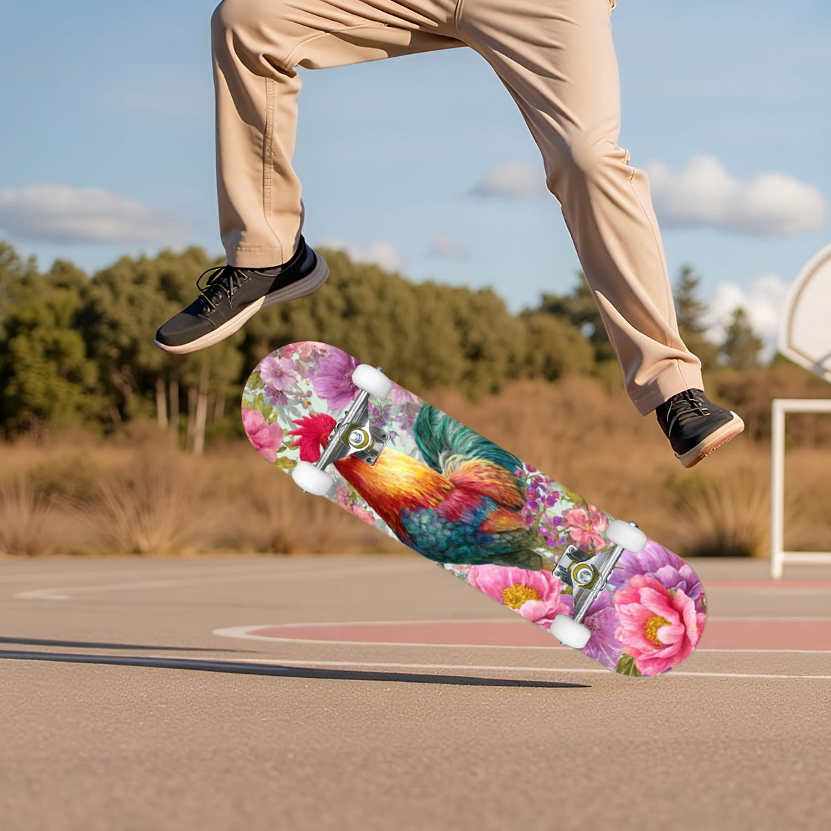 Dark Floral Wildflower Pink Yellow Blue Blooms 31" x 8" Complete Skateboard, 7-Ply Canadian Maple Double Kick Trick Board for Kids and Beginners Adult Gifts