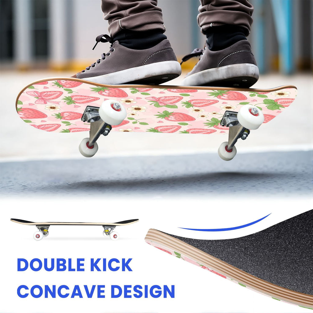 31"x8" Complete Skateboards for Beginners, Seamless Pink Peony Floral Cream Double Kick 7 Ply Canadian Maple Deck Skateboard with Wheels, Gifts for Girls Teens
