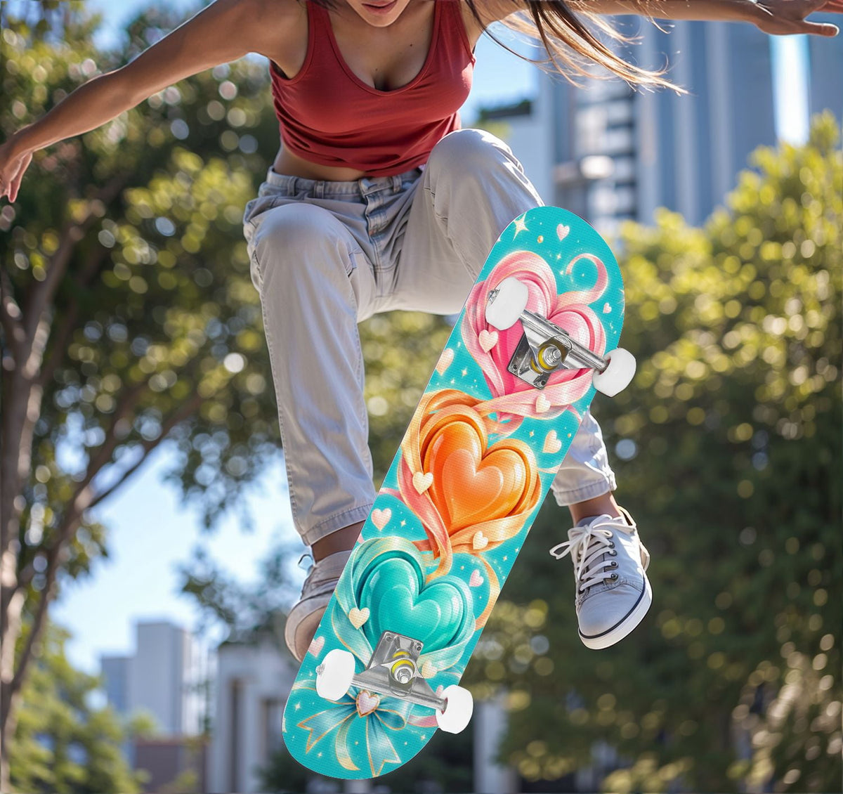Complete Skateboard Colorful Hearts Graffiti 31 Inch 7-Ply Maple Skateboard with PU Wheels and Aluminum Trucks, Ready-to-Ride Skateboard for Beginners, Teens and Adults