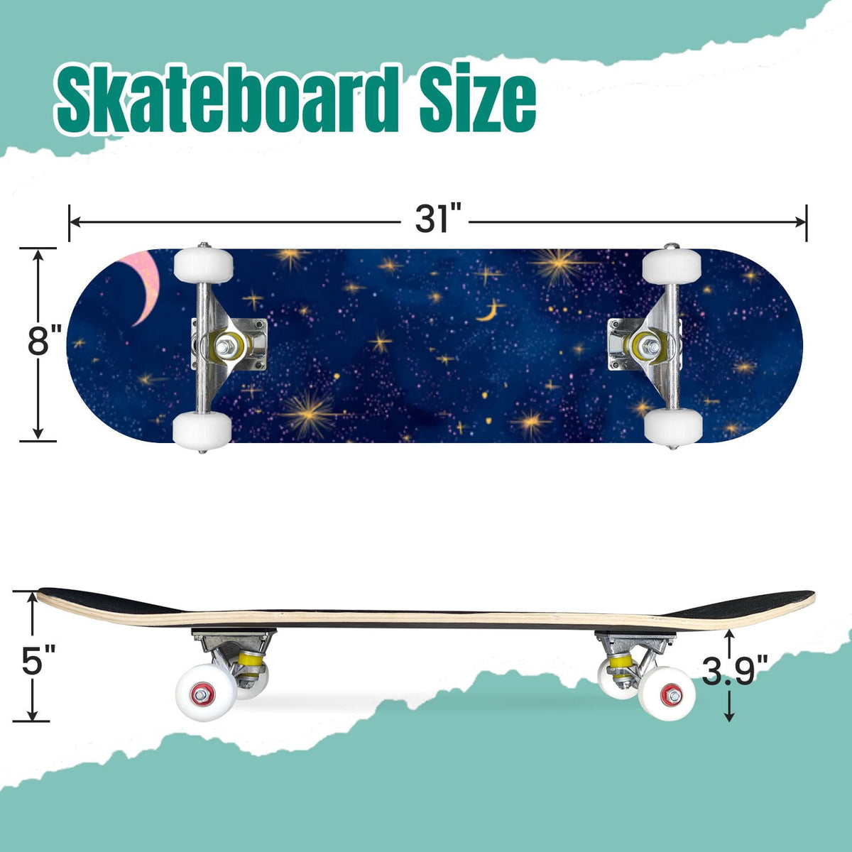 Vibrant Purple Blue Cosmic Galaxy Stars Nebula Clouds 31" x 8" Complete Skateboard, 7-Ply Canadian Maple Double Kick Trick Board for Kids and Beginners Adult Gifts