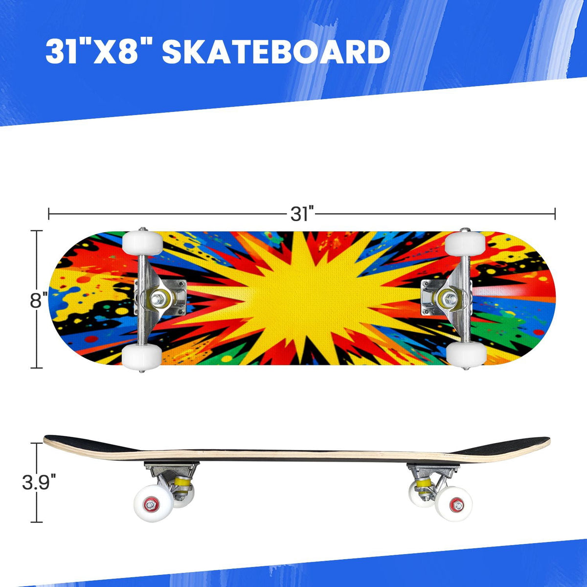 Complete Skateboard Vibrant Swirling Abstract 31 Inch 7-Ply Maple Skateboard with PU Wheels and Aluminum Trucks, Ready-to-Ride Skateboard for Beginners, Teens and Adults