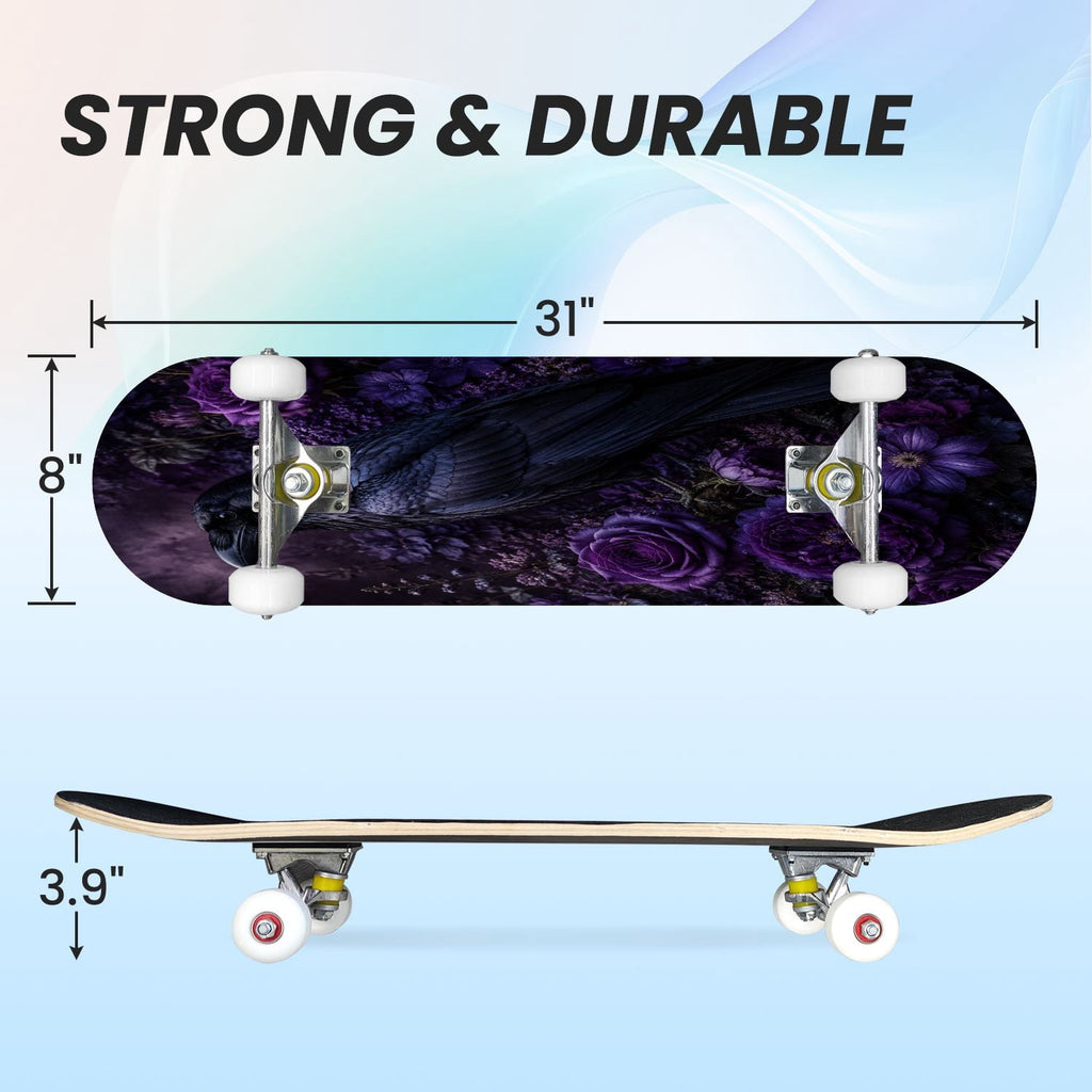 31"x8" Complete Skateboards for Beginners, Colorful Mushroom Floral Magical Night Forest Vintage Double Kick 7 Ply Canadian Maple Deck Skateboard with Wheels, Gifts for Kids Teens
