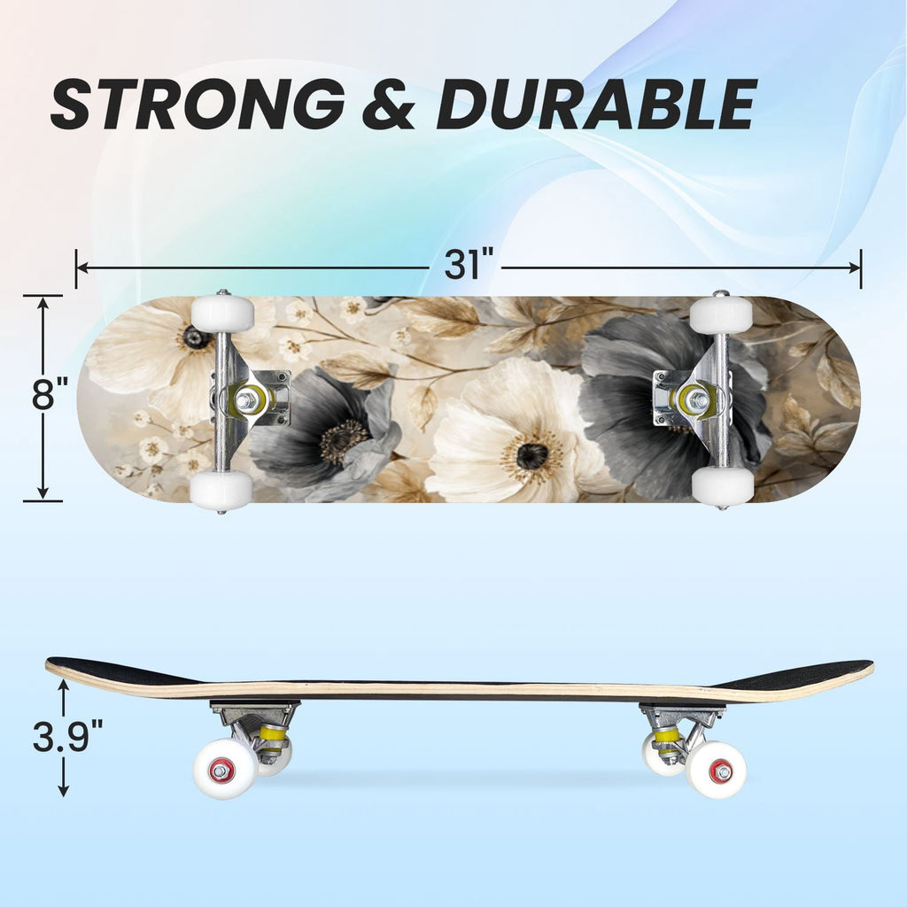 31"x8" Complete Skateboards for Beginners, Soft Blue Cream Striped Design Double Kick 7 Ply Canadian Maple Deck Skateboard with Wheels, Gifts for Kids Teens
