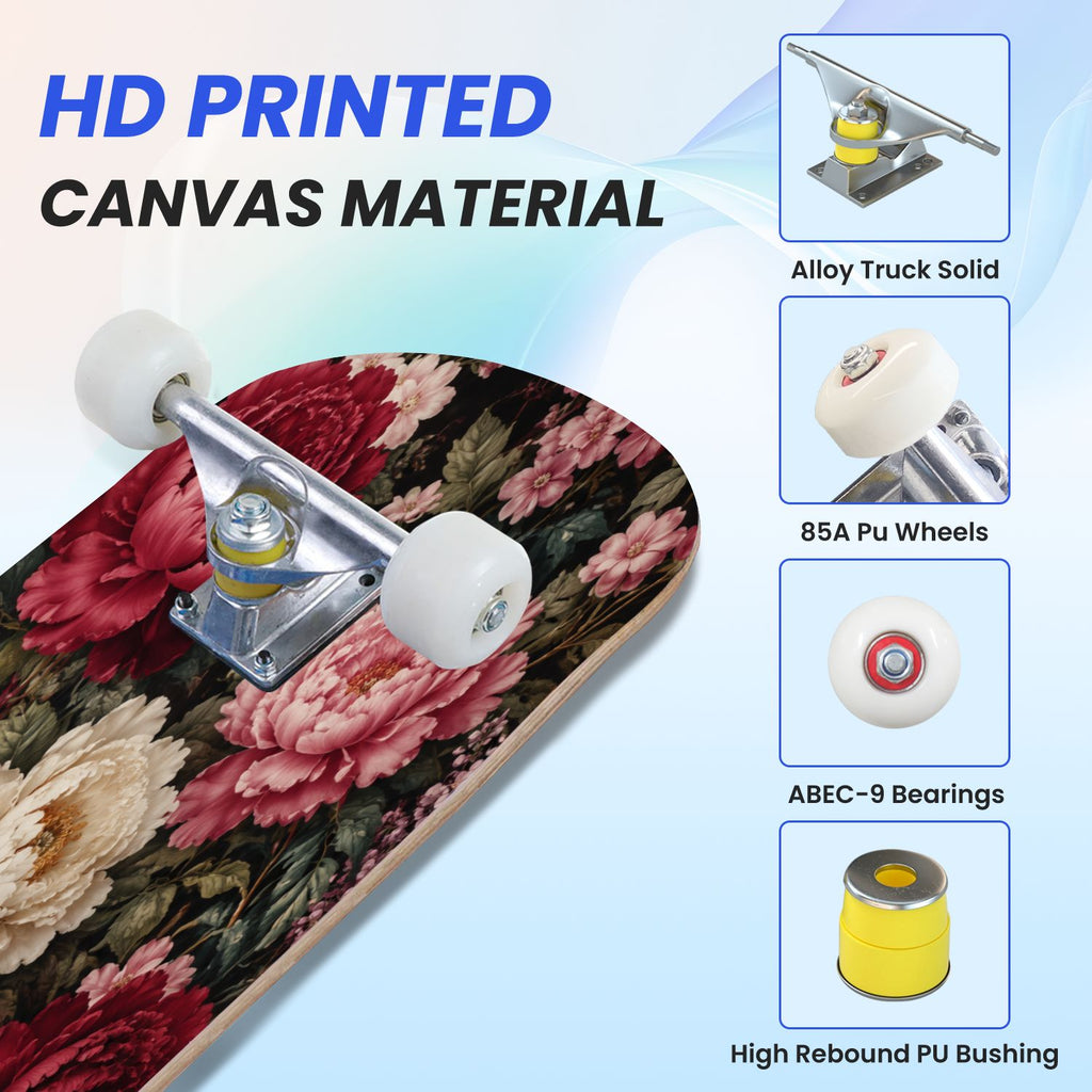 31"x8" Complete Skateboards for Beginners, Vibrant Purple Teal Floral Artwork Golden Accents Vintage Double Kick 7 Ply Canadian Maple Deck Skateboard with Wheels, Gifts for Kids Teens