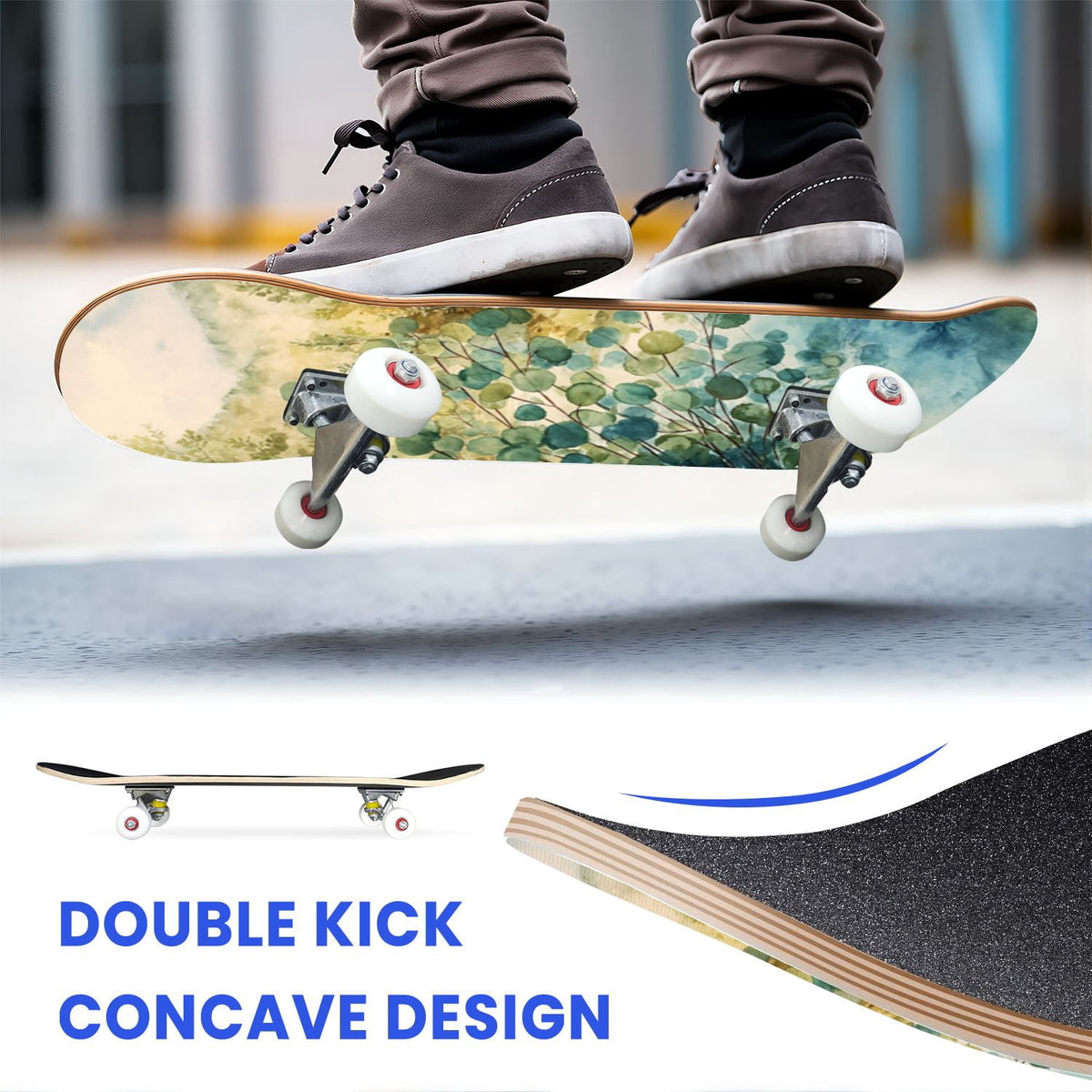 31"x8" Complete Skateboards for Beginners, Vibrant Stained Glass Window Butterflies Flowers Double Kick 7 Ply Canadian Maple Deck Skateboard with Wheels, Gifts for Kids Teens