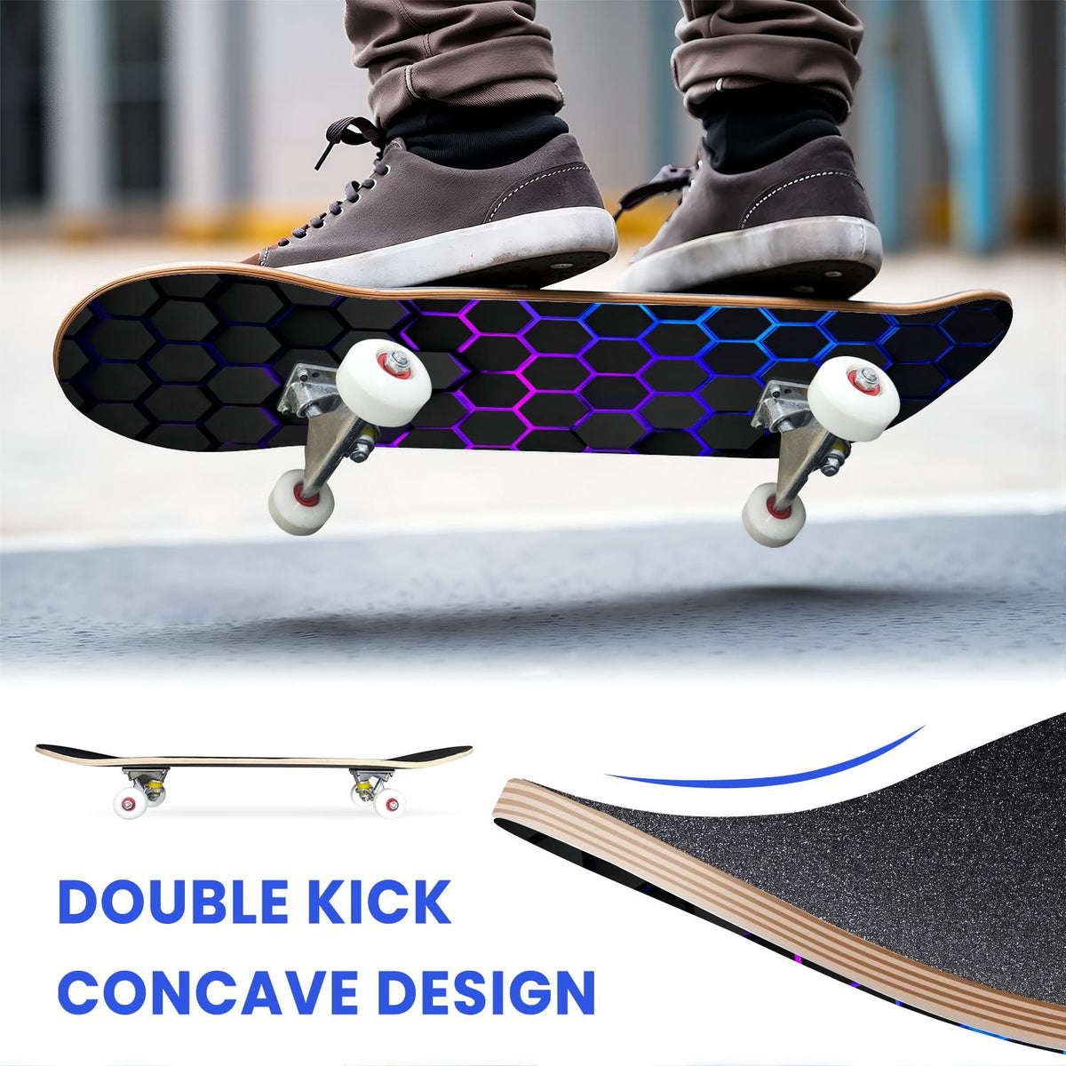 31"x8" Complete Skateboards for Beginners,Geometric Hexagon Glowing Neon Blue Purple Double Kick 7 Ply Canadian Maple Deck Skateboard with Wheels, Gifts for Kids Teens