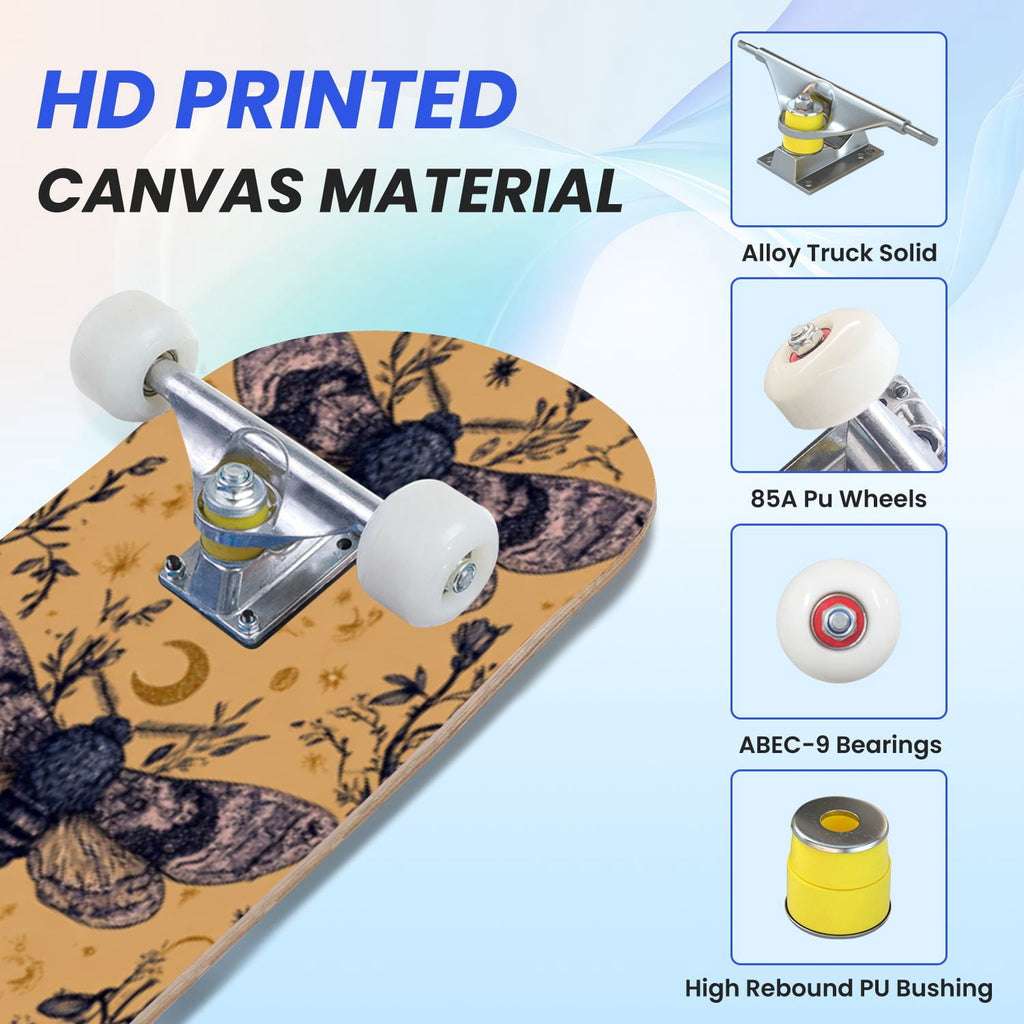 31"x8" Complete Skateboards for Beginners,Whimsical Moths Flowers Pastel Colors Stars Moon Mystical Double Kick 7 Ply Canadian Maple Deck Skateboard with Wheels, Gifts for Kids Teens