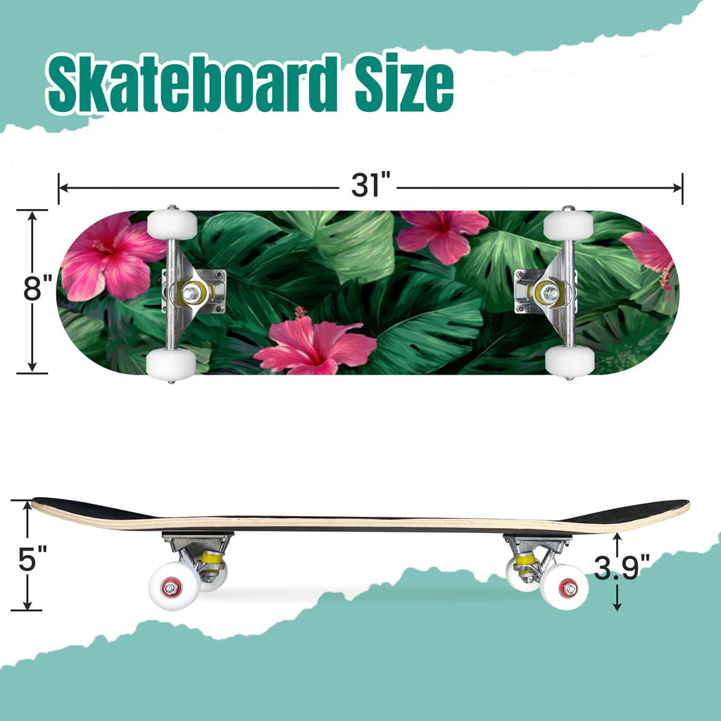 Watercolor Botanical Blue Green Leaves Flowers 31" x 8" Complete Skateboard, 7-Ply Canadian Maple Double Kick Trick Board for Kids and Beginners Adult Gifts