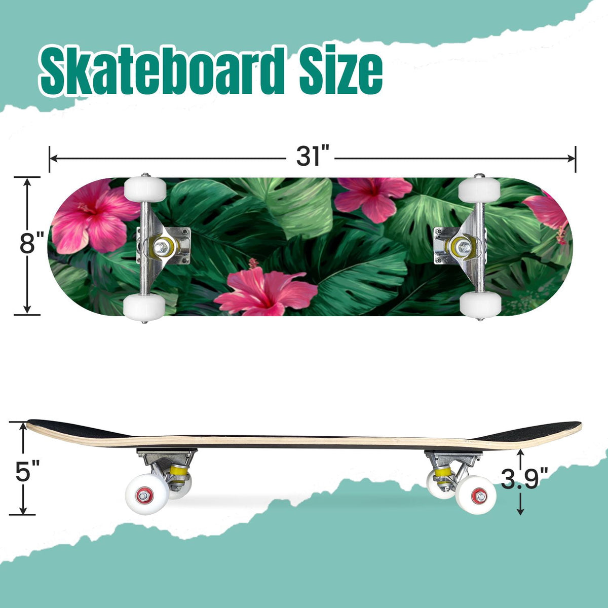Watercolor Botanical Blue Green Leaves Flowers 31" x 8" Complete Skateboard, 7-Ply Canadian Maple Double Kick Trick Board for Kids and Beginners Adult Gifts