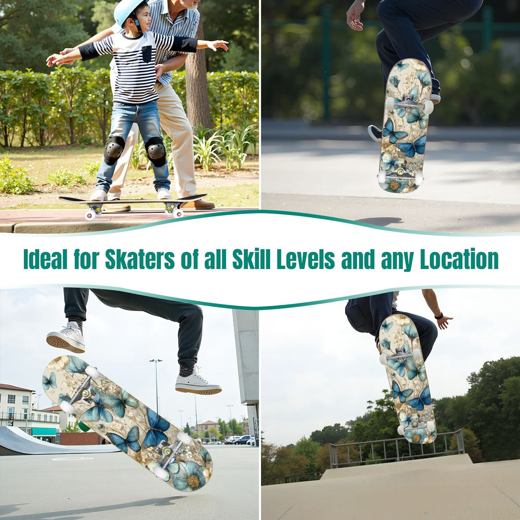 Tropical Jungle Leaf Teal Green Botanical 31" x 8" Complete Skateboard, 7-Ply Canadian Maple Double Kick Trick Board for Kids and Beginners Adult Gifts