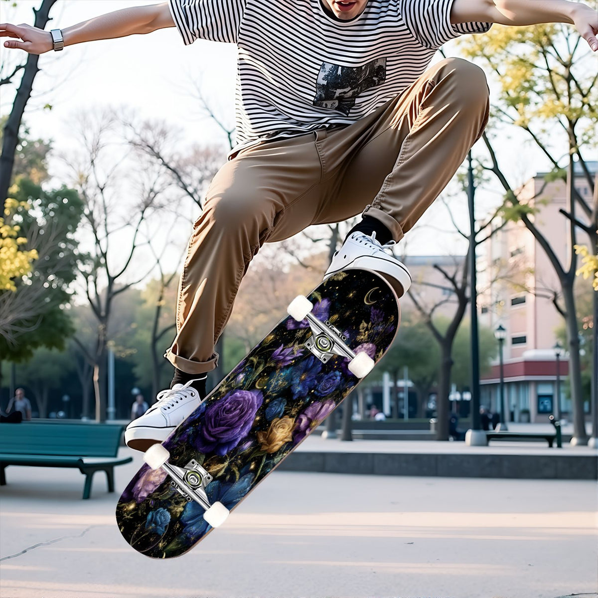 31"x8" Complete Skateboards for Beginners, Ethereal Night Garden Roses Starry Sky Dark Academia Double Kick 7 Ply Canadian Maple Deck Skateboard with Wheels, Gifts for Kids Teens