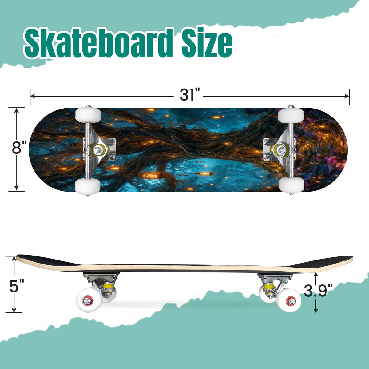 3D Nude Visual Effect Yellowish Brown Layered Chrysanthemum 31" x 8" Complete Skateboard, 7-Ply Canadian Maple Double Kick Trick Board for Kids and Beginners Adult Gifts