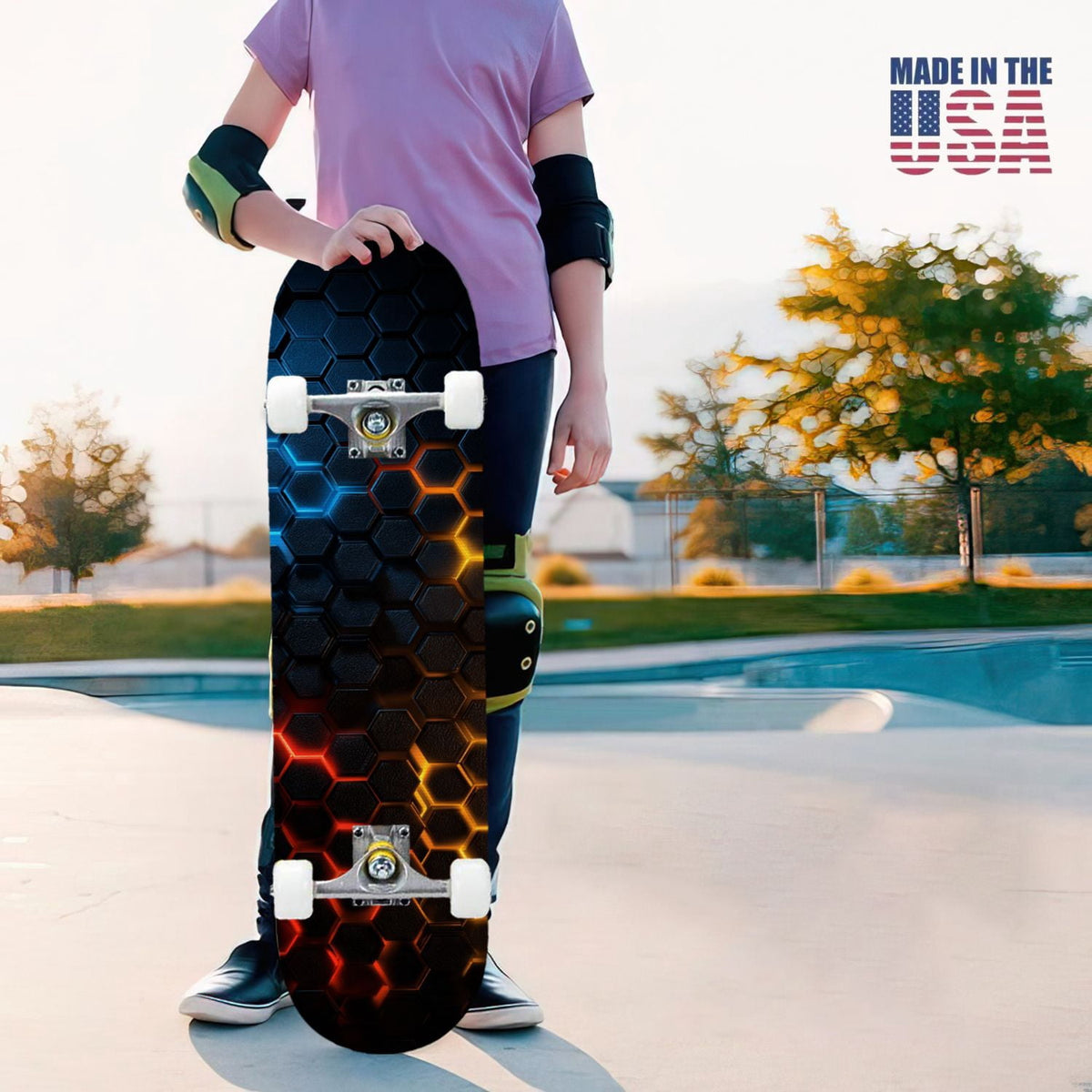 31"x8" Complete Skateboards for Beginners,Hexagon neon blue glow futuristic Double Kick 7 Ply Canadian Maple Deck Skateboard with Wheels, Gifts for Kids Teens