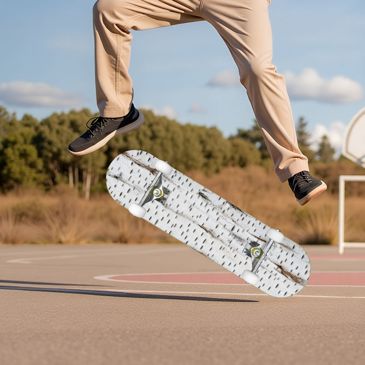 White Birch Tree Bark Natural Knots Horizontal Lines 31" x 8" Complete Skateboard, 7-Ply Canadian Maple Double Kick Trick Board for Kids and Beginners Adult Gifts