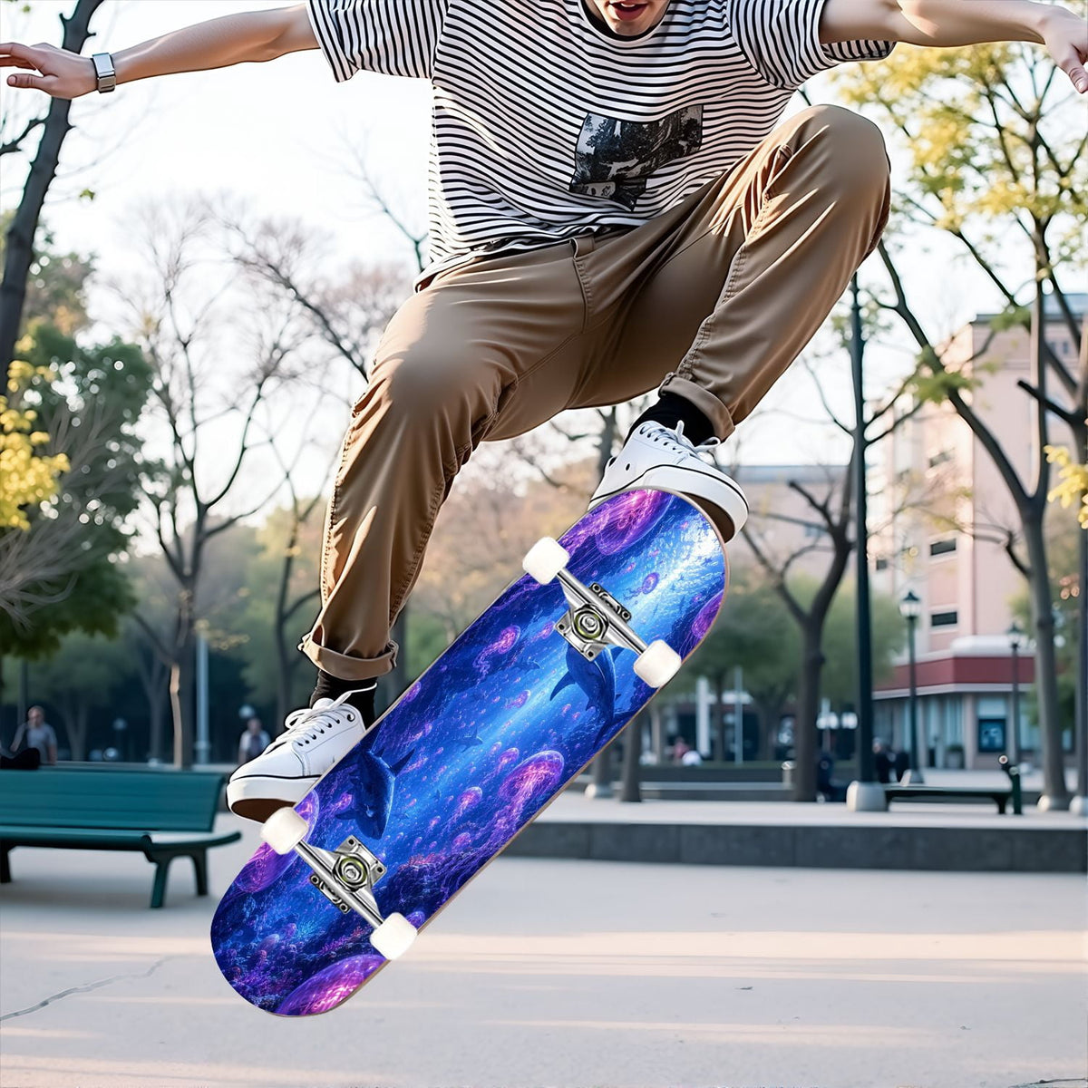 31"x8" Complete Skateboards for Beginners, Underwater Sharks Glowing Purple Jellyfish Marine Life Double Kick 7 Ply Canadian Maple Deck Skateboard with Wheels, Gifts for Kids Teens