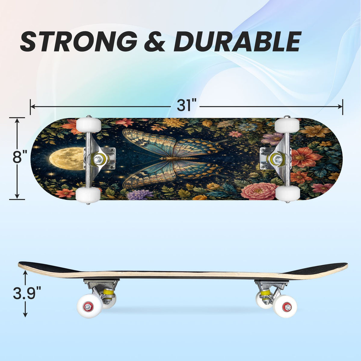 31"x8" Complete Skateboards for Beginners, Colorful Butterfly Blooming Flowers Under Full Moon Starry Double Kick 7 Ply Canadian Maple Deck Skateboard with Wheels, Gifts for Kids Teens
