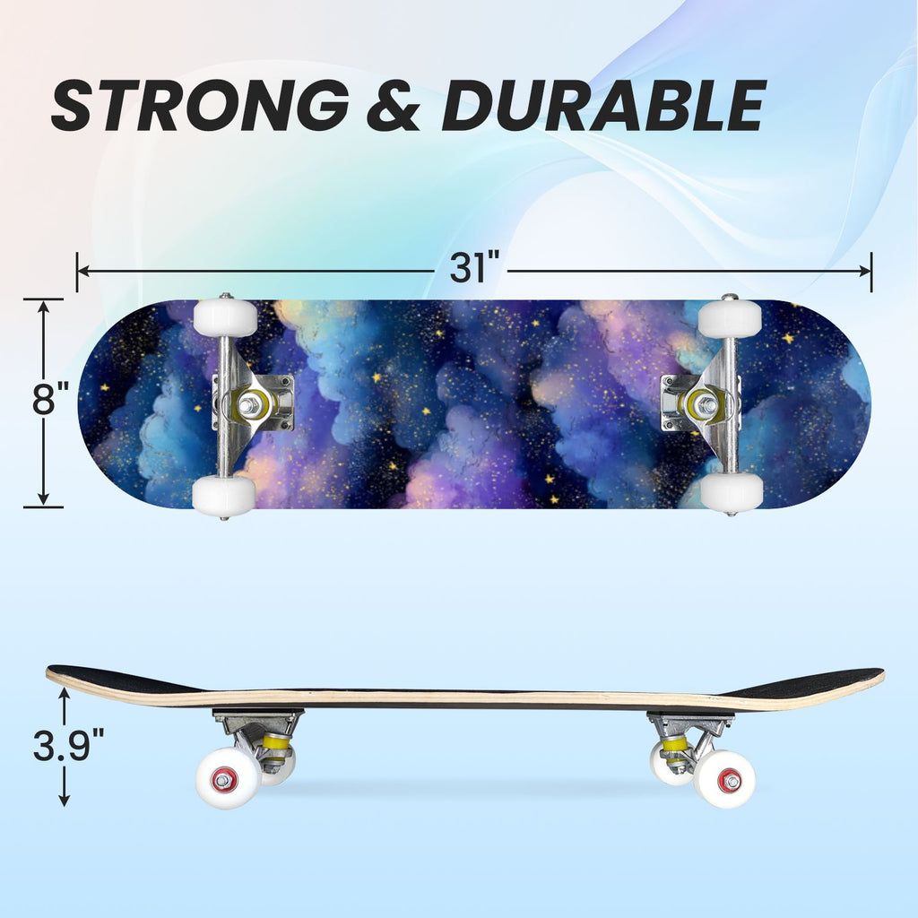 31"x8" Complete Skateboards for Beginners, Pastel Clouds Sparkles Dreamy Gradient Sky Summer Decor Double Kick 7 Ply Canadian Maple Deck Skateboard with Wheels, Gifts for Kids Teens