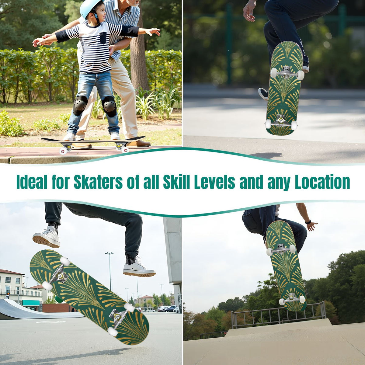 Buffalo Tan Grass Illustrations 31" x 8" Complete Skateboard, 7-Ply Canadian Maple Double Kick Trick Board for Kids and Beginners Adult Gifts