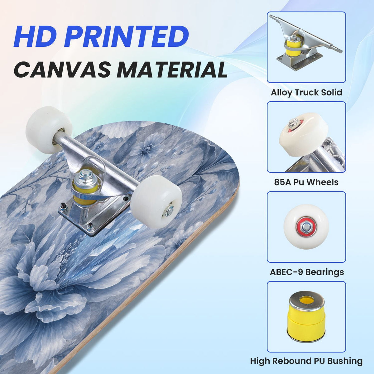 31"x8" Complete Skateboards for Beginners,Blue White Toile Rabbits Birds Floral Motifs Double Kick 7 Ply Canadian Maple Deck Skateboard with Wheels, Gifts for Kids Teens