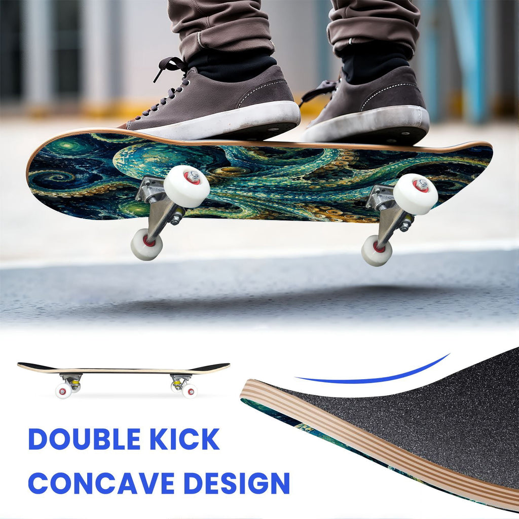 31"x8" Complete Skateboards for Beginners, Colorful Underwater Two Seahorses Coral Reefs Double Kick 7 Ply Canadian Maple Deck Skateboard with Wheels, Gifts for Kids Teens