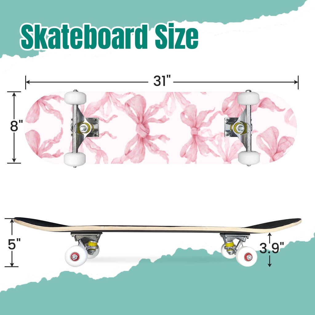 Delicate Pink Floral Ribbon Design 31" x 8" Complete Skateboard, 7-Ply Canadian Maple Double Kick Trick Board for Kids and Beginners Adult Gifts