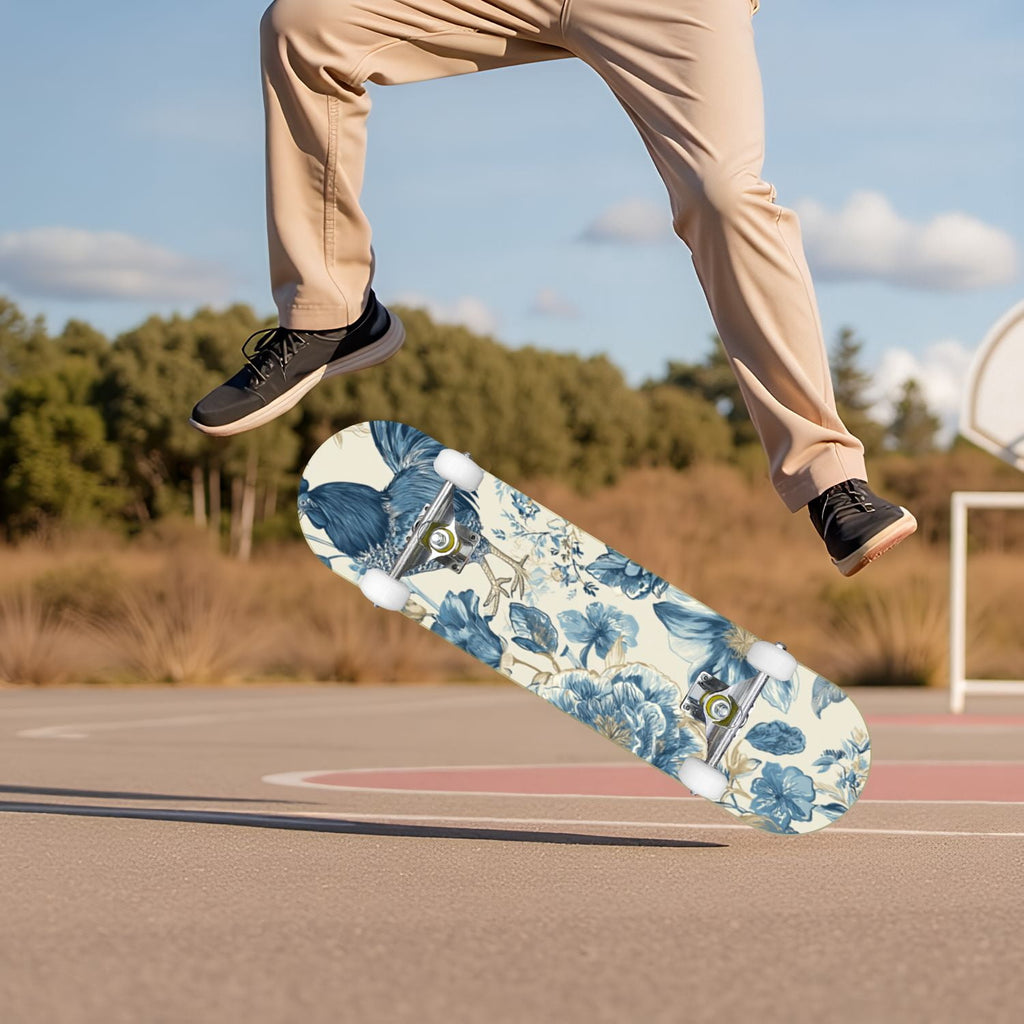 Watercolor Botanical Blue Green Leaves Flowers 31" x 8" Complete Skateboard, 7-Ply Canadian Maple Double Kick Trick Board for Kids and Beginners Adult Gifts
