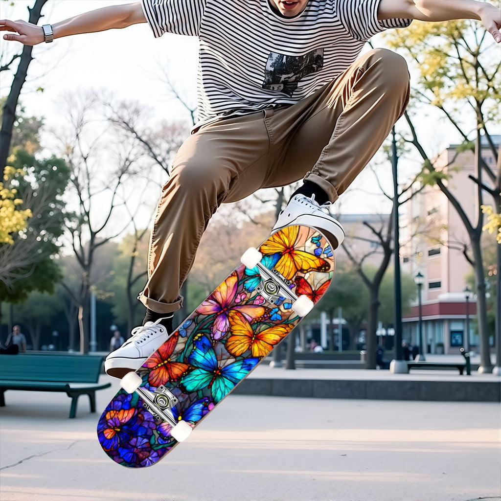 31"x8" Complete Skateboards for Beginners, Vibrant Stained Glass Window Butterflies Flowers Double Kick 7 Ply Canadian Maple Deck Skateboard with Wheels, Gifts for Kids Teens